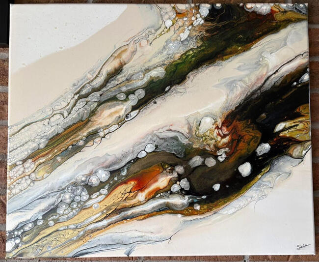 Turbulences 24 X18 Acrylique, art fluide, vernis brillant Originale • Pièce unique Sous une surface calme, la terre et le feu se répondent, dans un tumulte contenu qui vous ressemble peut-être. Beneath calm surfaces, earth and fire answer each other, a quiet turbulence you might recognize.